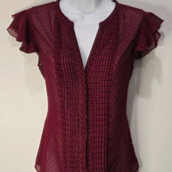 Covington Short Sleeve Button Up Sheer Ruffled Cap Sleeve Polka Dot Top- Size S - Picture 1 of 6